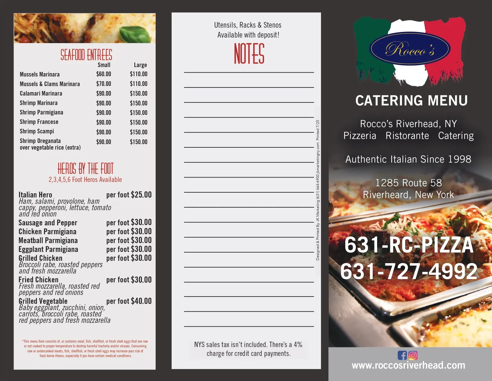 Rocco's catering menu — outside